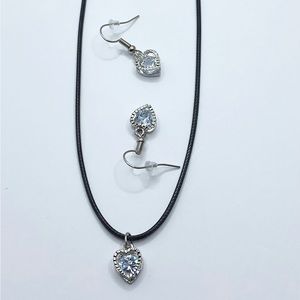 Black Necklace & earrings silver tone diamond or antique-like pendant Heart